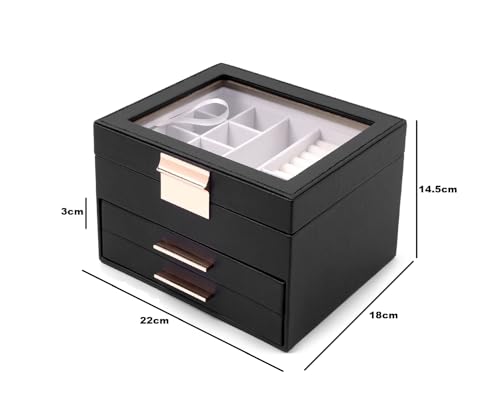 Image of BucketList Luxury PU Leather Jewellery Organizer Box with Glass Top | Multi-Drawer Jewelry Storage Case with Ring Slots & Compartments | Elegant Lockable (2 Drawers Jewellery Box (Black))