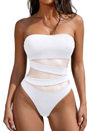 Image of Holipick Women Sexy One Piece Swimsuit Strapless Bathing Suits | Bandeau Neckline, Mesh Cutout Design, Push Up Removable Pads, High Cut, Removable Straps, Pool Beach Cruise Resort