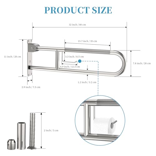 Image of Toilet Grab Bar 30.3 Inch, Munzong Anti-Slip Handicap Grab Bars with Paper Holder, Flip-Up Bathroom Toilet Safety Rails, Stainless Steel Knurled Support handrails for Seniors Elderly Disabled Pregnant