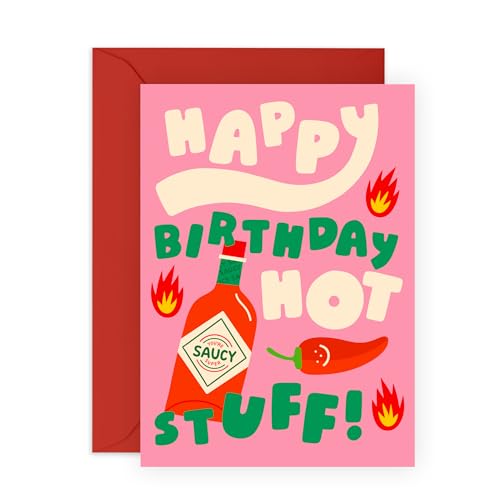 CENTRAL 23 Girlfriend Birthday Card - Mom Greeting Cards For Her - HBD Hot Stuff Sauce - Happy Birthday Card For Wife Partner Friends - Funny Gifts For Best Friends - Comes With Fun Stickers