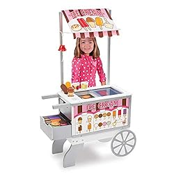 Melissa & Doug Wooden Snacks and Sweets Food Cart – 40+ Play Food pcs, Reversible Awning