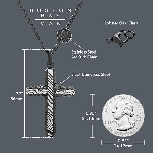 Boston Bay Diamonds Men's Cross Pendant Necklace in Damascus 316L Stainless Steel on 24" Curb Chain, Elegant Choice of Colors for Fashion with Faith - Stylish and Durable Men's Jewelry3