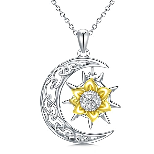 REDSUN Collier en argent sterling 925 avec pendentif en forme de lune et de soleil en ambre - Cadeau pour femme et fille, Argent sterling