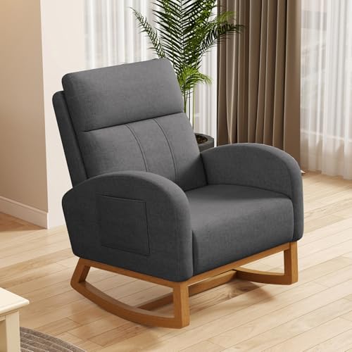 Image of Homy Grigio Glider Rocking Chair Nursery Comfy Accent Chair with High Backrest Upholstered Living Room Chairs with Side Pocket Armchair Reading Chair for Bedroom Nursery Office (Grey)