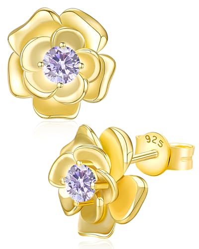 14K Gold Plated Rose Stud Earrings, Hypoallergenic with 925 Sterling Silver Posts, Birthstone Jewelry for Women, Dainty Anniversary Birthday Gifts