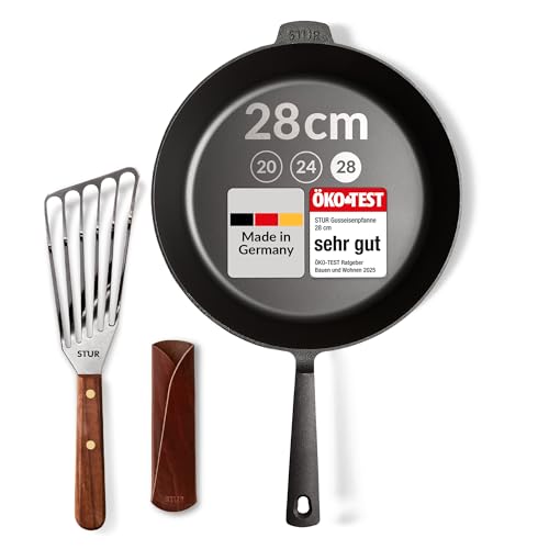 STUR® - ORIGINAL Starter-Set Gusseisenpfanne Induktion 28 cm inkl. Echtleder Griffschutz &...