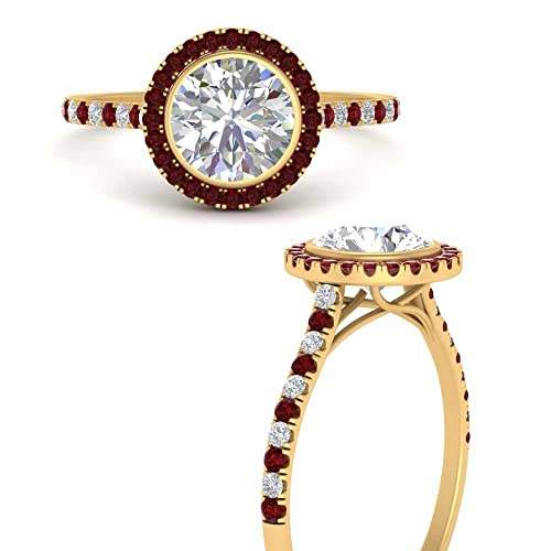 Image of 55Carat Choose Your Gemstone Bezel Round Halo Pave Diamond CZ Ring Yellow Gold Plated Round Shape Halo Engagement Rings Everyday Jewelry Wedding Jewelry Handmade Gifts for Wife US Size 4 to 12