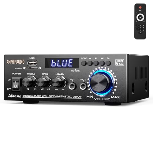 AK45 Pro Stereo Amplifier Home Audio Stereo Receivers,Rated Power 50W x2, Max 800W, Bluetooth 5.0 2.0 Channel Audio Receiver for Home Theater Speakers w/USB/SD/RCA/2 MIC in for Garage