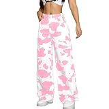 Pantalon de jogging pour femme   Jambes larges   Taille haute   Avec imprimé en fourrure de vache   Coupe droite   Style jean   Confortable   En coton   Style vintage   Bloc de couleurs   Pantalon