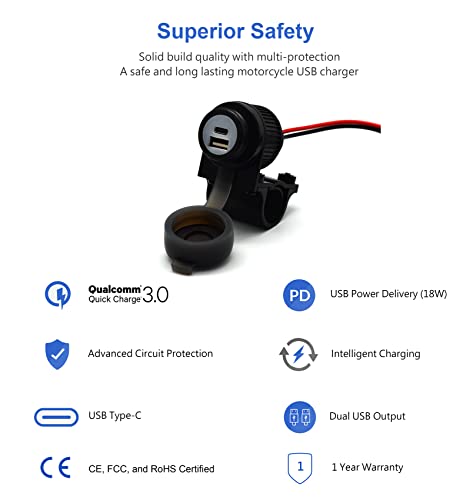 Cliff Top 36W PD USB-C e QC 3.0 caricatore USB per manubrio da moto, con interruttore di alimentazione magnetico, doppia porta, resistente, impermeabile per manubri da 7/8 '' e 1''