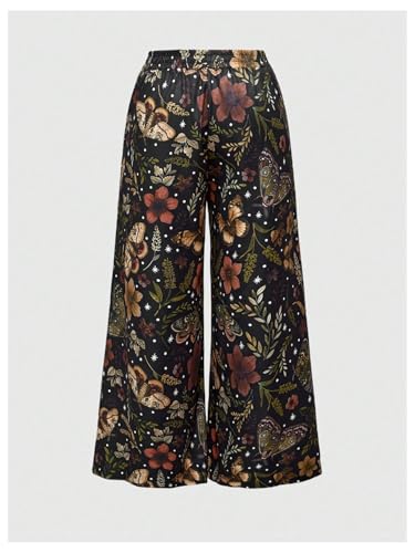 WDIRARA Women's Plus Size Butterfly Floral Print Wide Leg Pants Drawstring Waist Palazzo Pants2