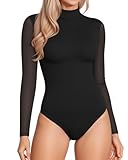 MANGOPOP Women's Mock Turtle Neck Bodysuit Mesh Long Sleeve Body Suit Sexy Sheer Going Out Tops, Black, X-Large