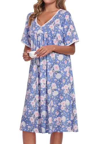 Image of AVIIER Nightgows for Women Soft Cotton Night Shirts Short Sleeve Sleepwear with Pockets