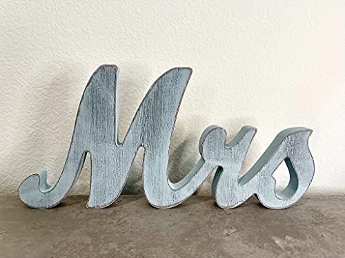 Mr & Mrs Wood Sign Wedding Decorations For Bride & Groom Reception Head Table. Wooden Letters For Married Couple's Centerpiece, Engagement & Bridal Shower Party Or Wedding Cake Table. (Rustic Blue) #TOP4