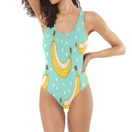 Image of Linnyio Yellow Bananas Blue Artistic Swimwear One Piece Monokini Beachwear Swimsuit Bathing Suits for Women Teen Girls