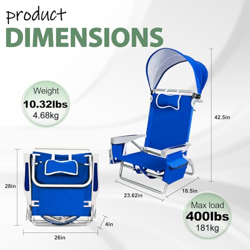 Image of Romswi Extra Wide Beach Chair with Canopy Shade, 1 Pack Aluminum Folding Chairs with Detachable & Adjustable Umbrella, 5-Position Lay Flat, Cooler Bag, Cup & Phone Holder, Towel Bar, Royal Blue