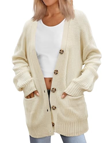 Zeagoo Damen Strick Cardigan Lang V-Ausschnitt Strickjacke mit Knöpfen Herbst Winter Warme Strickweste Langarm Grobstrickjacke Beige L Zeagoo Damen Strick Cardigan Lang V-Ausschnitt Strickjacke mit Knöpfen Herbst Winter Warme Strickweste Langarm Grobstrickjacke Beige L