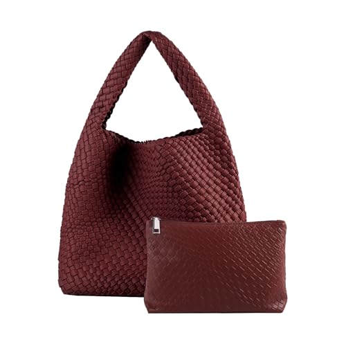 Women'S Woven Bags Purses Vegan Leather Hand Woven Handbags Tote Bag, Shoulder Bag, Top-Handle Bag, Versatile Underarm Bags In Burgundy