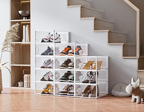 Homidec Shoe Organizer, 12 Pack Shoe Storage Box, Clear Plastic Stackable Shoe Box, Sneaker Box, Shoe Organizer For Closet Under Bed Entryway(White) #TOP6