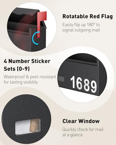 Image of Uniclife Mailboxes for Outside, Wall Mount Mailbox with Flag and Mailbox Number Stickers, Large Metal Mail Box for House, Modern Post Box for Outdoor Office Home, (No Locking Mechanism)