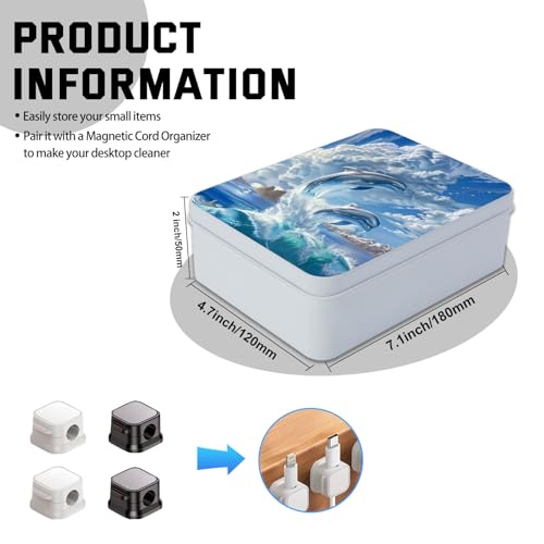 Image of Metal Tin Box with Lid,Multi-functional Storage Large Box Can Store Tea Biscuits Game Cards, Playing & Tarot Cards-Comes with 4 Magnetic Cord Clips,Cute Dolphins