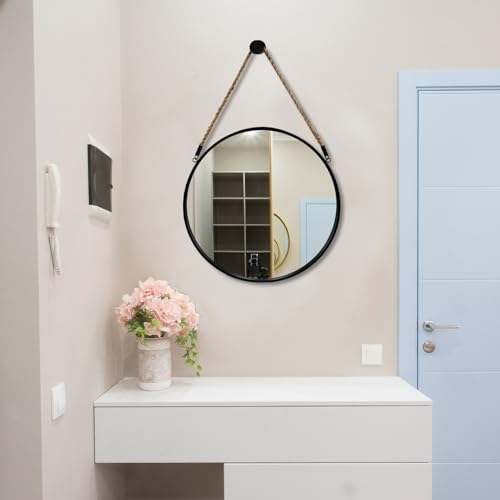 Pozino Round Hanging Mirror With Rope, Farmhouse Wall Mirror, Black Frame Circle Mirror, 20 Inch Wall Mounted Mirror For Bathroom Bedroom Living Room Entryway Home Decor thumb #3