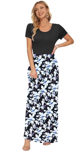 Image of AUSELILY Women's Summer Short Sleeve Loose Plain Casual Long Maxi Dresses | Year Round wear solid floral print, Casual wear, Empire waist, Floor length, Side pockets