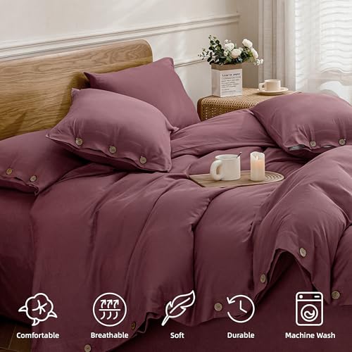JELLYMONI Cotton Duvet Cover Queen Size - Dusty Rose Comforter Cover with Button 100% Washed Cotton 3PCS Breathable Soft Solid Bedding Set Duvet Cover 90×90in & 2 Pillowcases (NO Comforter)