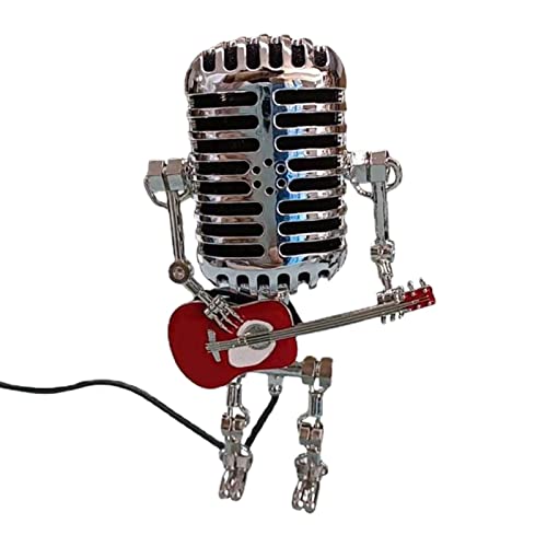 Lampe de bureau rétro – Lampe de table à LED avec microphone vintage et robot – Steampunk – Cadeau cool pour les amateurs de femmes, hommes, garçons,...