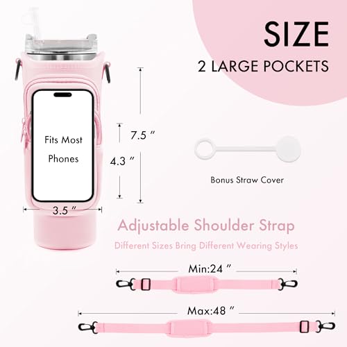 Image of Water Bottle Carrier Bag with Phone Pocket for Stanley Cup 40 /30 oz, Water Bottle Holder with Adjustable Strap& Straw Cover, Stanley Cup Accessories (Pink)