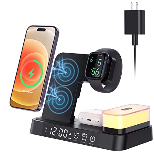 Wireless Charger 5 in 1, 30W 3 in 1 Wireless Charging Station & Alarm Clock & Night Light for iPhone 14/13/12/11/Pro/mini/SE/XS/XR/X/8Plus/8/Galaxy/AirPods/iwatch Included Adapter & iWatch Charging