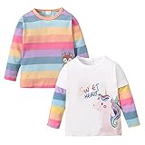 DEFAHN Toddler Baby Gril T-Shirt Girls Top Tee Long Sleeve Graphic Shirts Blouse 2 Pack Fall Clothes (Unicorn&Stripe, 12-18 Months)