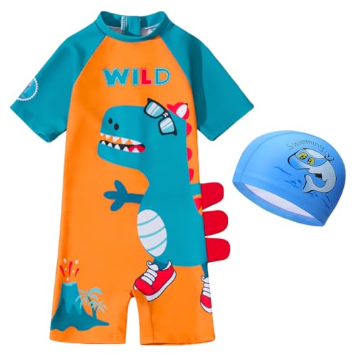AIWUHE Toddler Boys Swimsuits One Piece Rash Guard Swimwear Zipper Bathing Suit UPF50+ with Hat Dinosaur Swimsuit Set