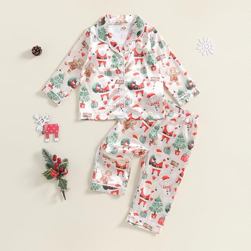 Multitrust Baby Girls Boys Silk Christmas Pajamas Set Santa Claus Long Sleeve Button Down Shirts and Pants Xmas Satin Pj Sets2