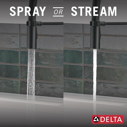 Image of Delta Trinsic Pro Style Commercial Kitchen Faucet with Pull Down Sprayer, Single Hole Matte Black Kitchen Sink Faucet, Single Handle, Matte Black 9659-BL-DST