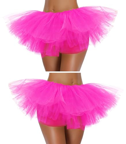 G&J Online Tutu Skirt for Women Adult Classic Elastic 3 4 5 Layered Tulle Party Marathon Dance Costume Skirts (One Size, 2Pack-5Layer-Hotpink, one_Size)