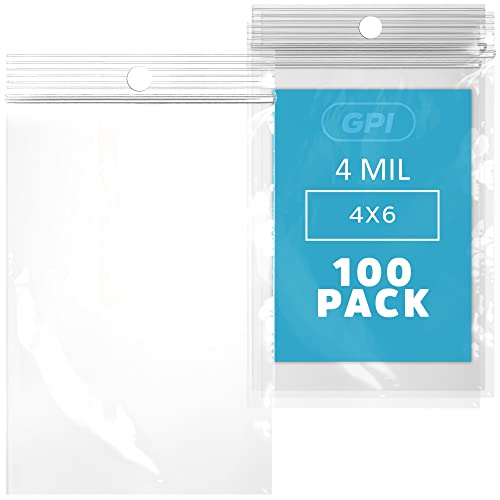 Gpi - 4" X 6" Clear Plastic Zip Bags, 100 Count, Heavy-Duty 4 Mil Thick Durable Poly Baggies With Resealable Zipper Lock, Hang-Hole For Display. #TOP8