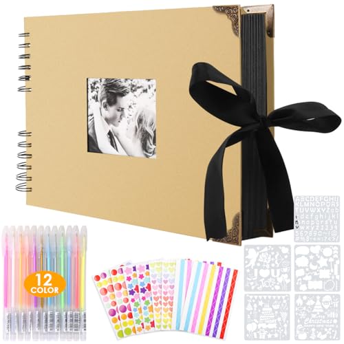 Album de Fotos Scrapbook Espiral, 80 Páginas Caqui DIY Scrapbooking Album Set con 2pcs Photo Corners 6pcs Pegatinas 5pcs Plantillas 12 Rotuladores de Colores, para Boda Aniversario Cumpleaños Navidad