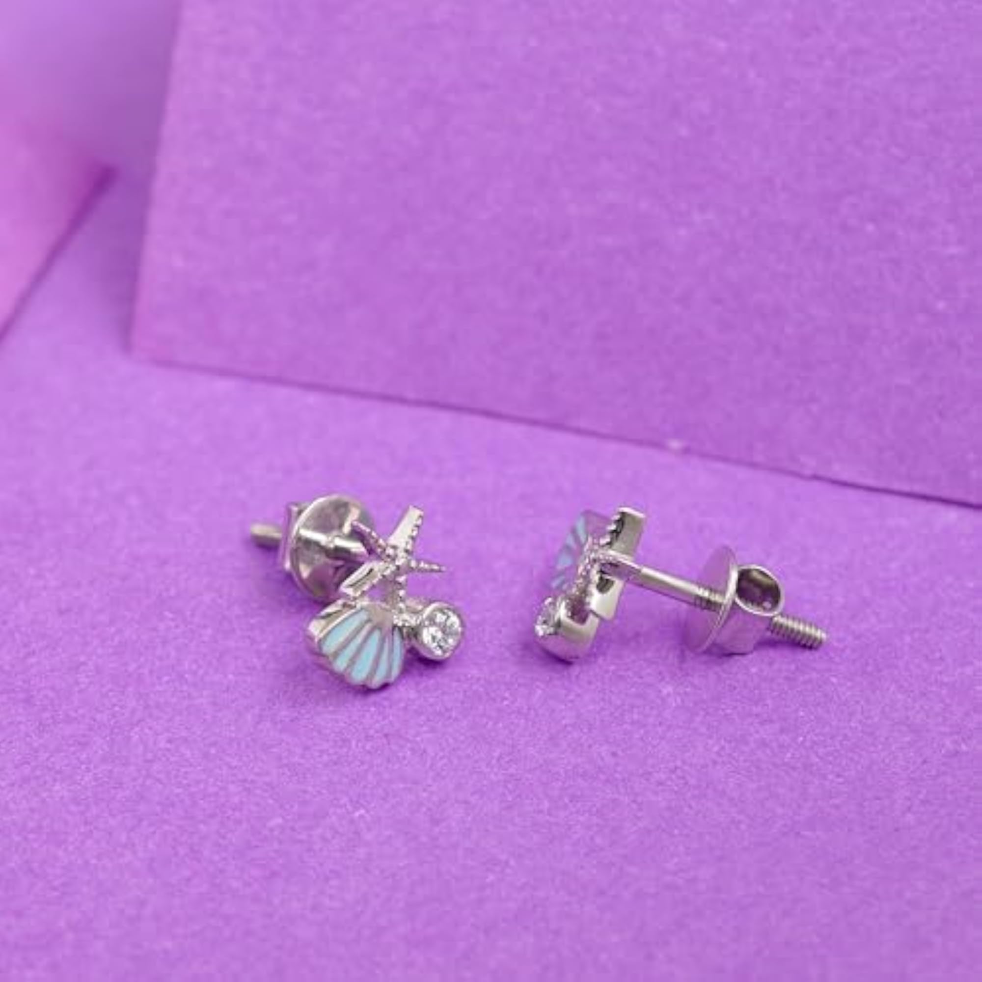 Women's 925 Sterling Silver Starfish Shell Earrings with Blue Enamel