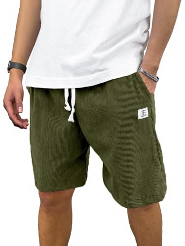 PLEPAN Mens Corduroy Shorts Casual 7 Inch Inseam Elastic Waist Drawstring Summer Beach Shorts X-Large Army Green