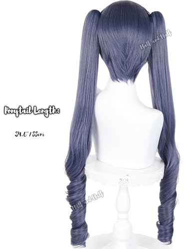 Image of Half and Half Long Curly Deep Gray Blue Ponytail Wigs for Anime Butler Cosplay Dark Gray Twin Tails Costume Wigs for Women Halloween Party Daily