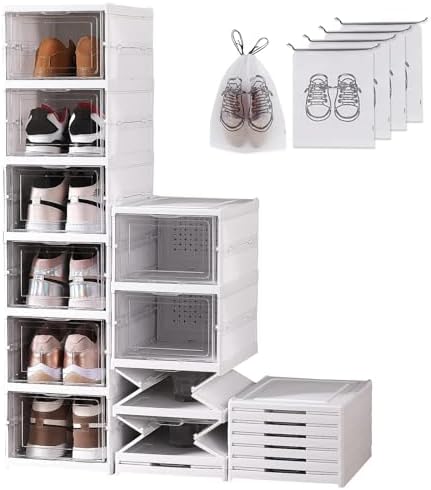 Shoe Storage Box 6PCS Shoe Organiser Clear Stackable with Magnetic Door Installation Free Plastic Trainer Storage Organise Foldable Space Saving Shoe Rack for Sneaker Boot Container White