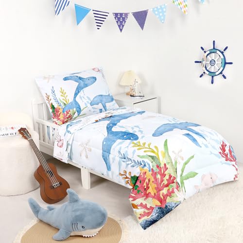 Image of 4 Piece Toddler Bedding Set, Ultra Soft and Breathable Toddler Comforter Sets for Boys & Girls, Crib Bedding Set Includes Quilted Comforter, Fitted Sheet, Flat Sheet and Pillowcase, Blue Ocean