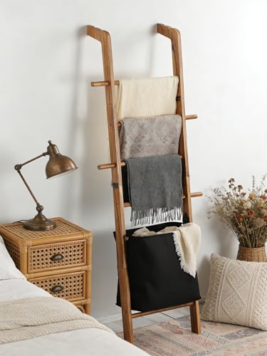 DELITON Farmhouse Blanket Ladder, Rustic Wooden Display Ladder with Storage
