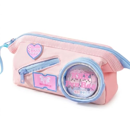 Image of Kawaii Pink Pencil Pouch with Transparent Round Window & Mini Doll Pocket - Large Capacity Zipper Pen Case, Cute Pastel Stationery Organizer for Girls, School & College