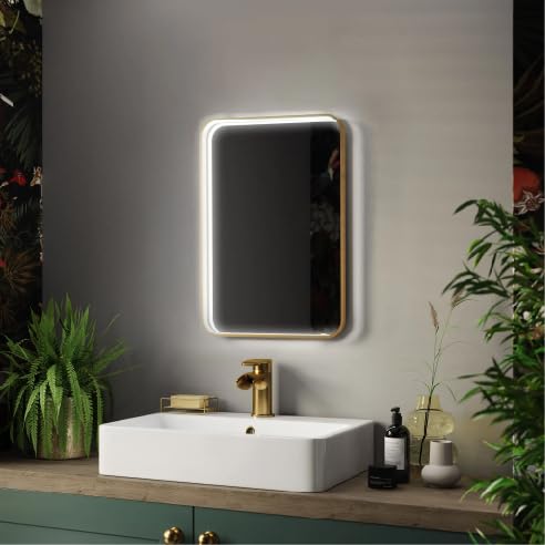 Pebble Grey Brushed Brass Illuminated Bathroom Mirror with LED Lights 390x500mm IP44 Rated - Luna Portrait Non Dimmable LED Bathroom Mirrors with Lights,Demister Pad,& Touch Sensor, Deep Framed
