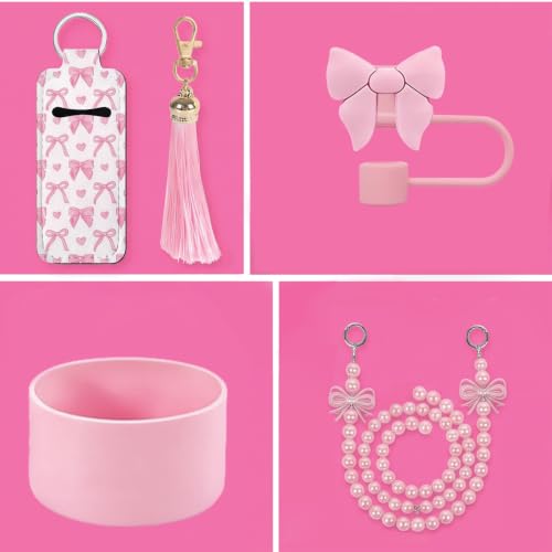 Image of House of Quirk 6 Accessories Set Silicone Straw Cover, Cup Boot, Handle Chain, Handle Strap, Sticker 40oz & 30oz Tumbler (Bow Pink, Tumbler Not Included)