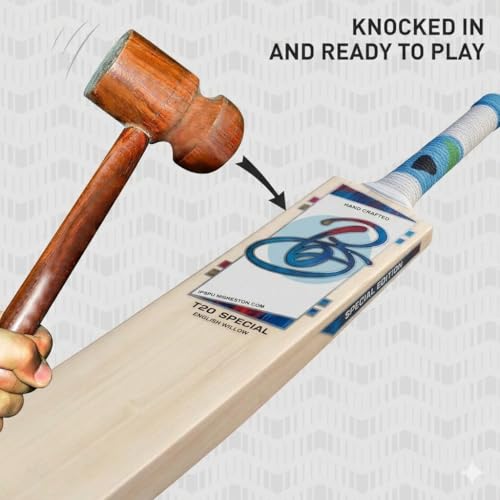 Image of Full Size English Willow Cricket Bat, Cross Weave Tape on The Face | Lightweight | Wooden Long Handle | Free Cover Play for Leather Ball (T20 Special)