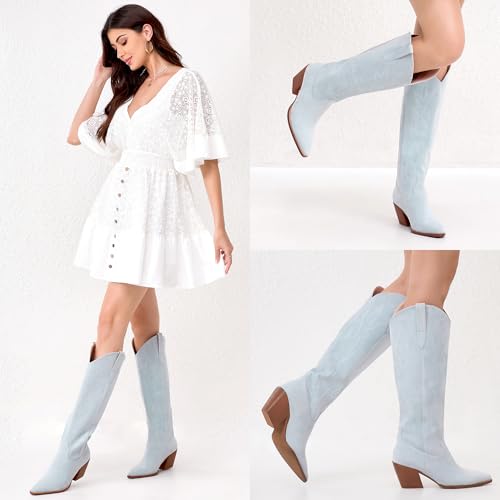 Image of iiimmu Cowgirl Boots Women Knee High Boots Pointed Toe and Block Heel Cowboy Suede and Faux Leather Boots with Embroidered
