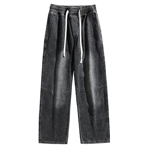 DGHM-JLMY Mens Regular Fit Straight Leg Jeans Retro Washed Loose Fit Denim Pants Elastic Waist Wide Leg Baggy Jean Trousers